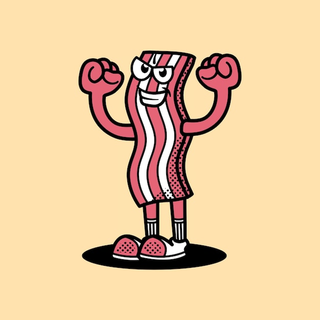 Vector enthusiastic bacon strip mascot with flexed arms