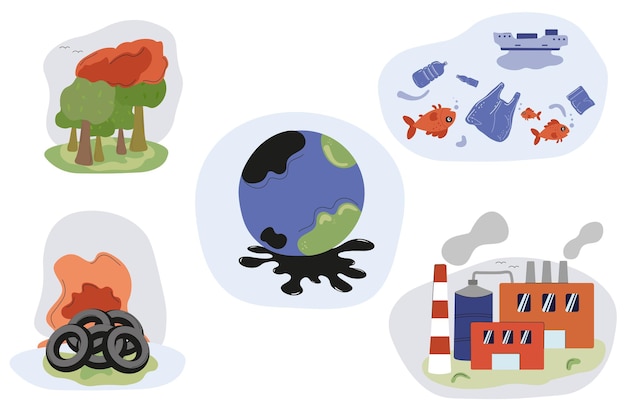Vector environmental issues depicted through illustrations of pollution and destruction