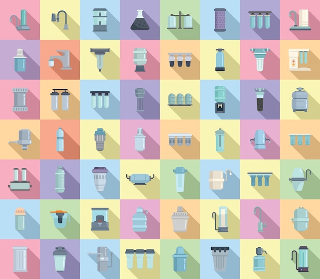 Vector equipment for water purification icons set flat vector filter treatment