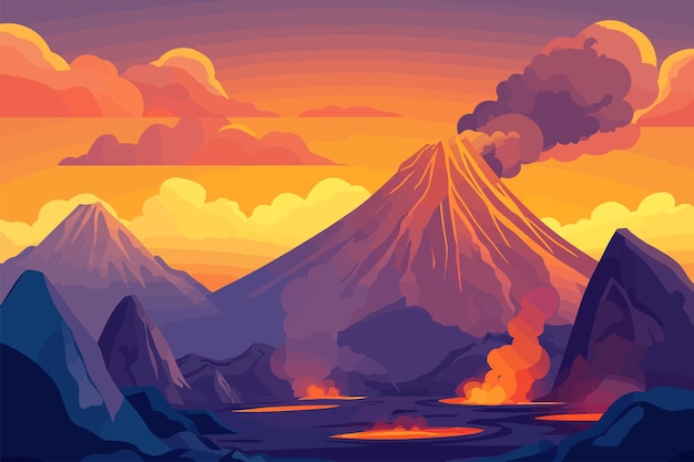 Vector erupting volcanic mountains with ash clouds in a dramatic natural landscape