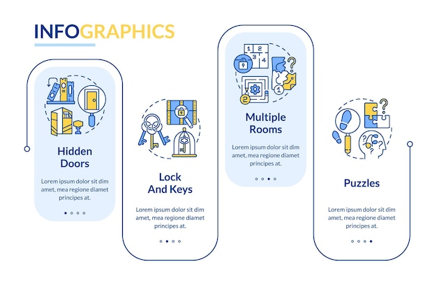 Vector escape room attributes rectangle infographic template multiple rooms data visualization with 4 steps process timeline info chart workflow layout with line icons latobold regular fonts used