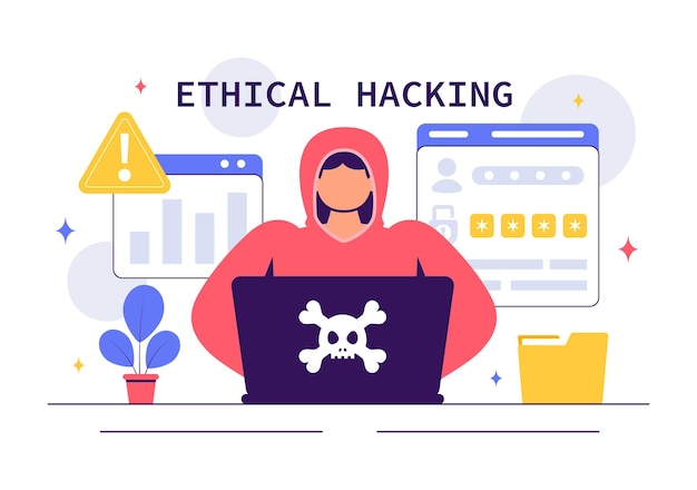 Vector ethical hacking illustration featuring a developer practicing hacking on a web application identifying code vulnerabilities to improve cybersecurity