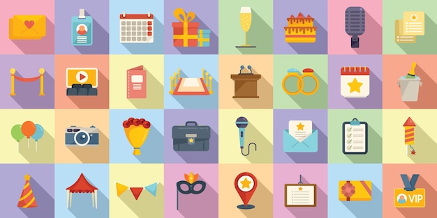 Vector event management icons set flat vector. conference participant