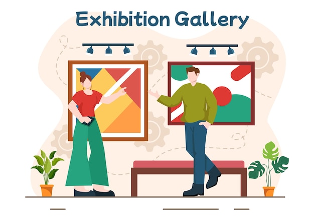 Vector exhibition visitors viewing a gallery with modern abstract painting at contemporary in exposition hall in flat cartoon background vector illustration