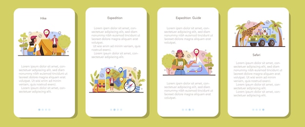 Vector expedition guide mobile application banner set tourists hiking