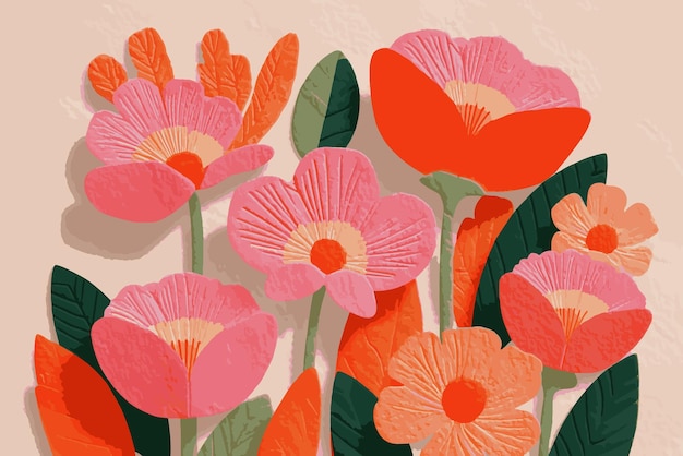 Vector eyecatching floral illustration with red and pink flowers made from textured paper