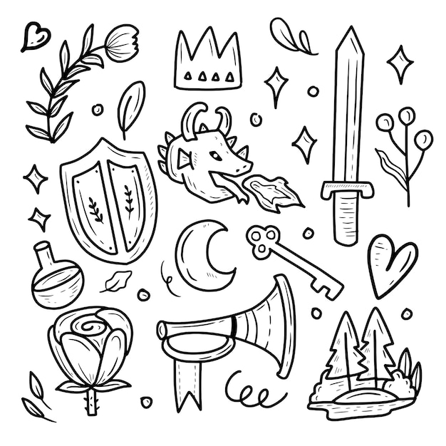 Vector fairy tail prince and dragon icon collection set sticker