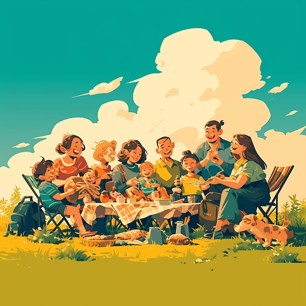 Vector families spending time outdoors for childrens day