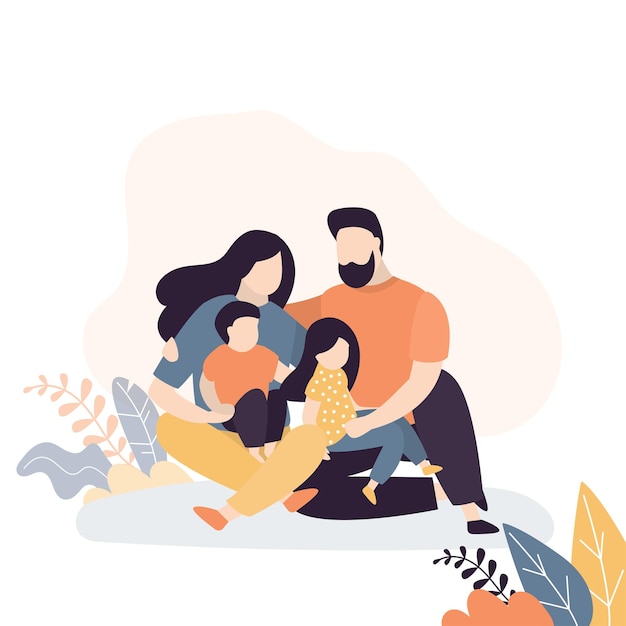 Vector family portrait happy parents with children four cute people sitting