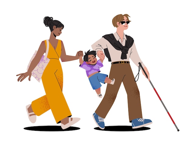 Vector a family with a blind family member mom dad with a cane and a child are walking and having fun