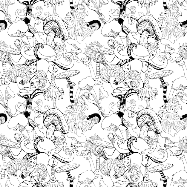 Vector fantasy seamless pattern with hand drawn various mushrooms beautiful magic pattern concept background vector illustration