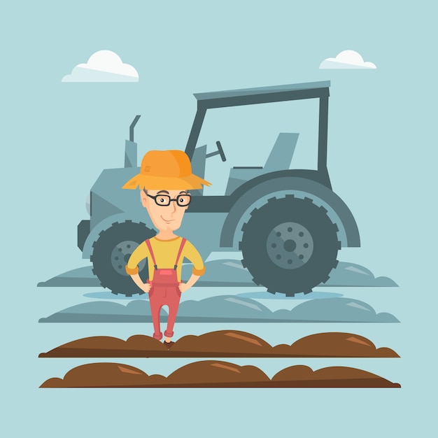 Vector farmer standing with tractor