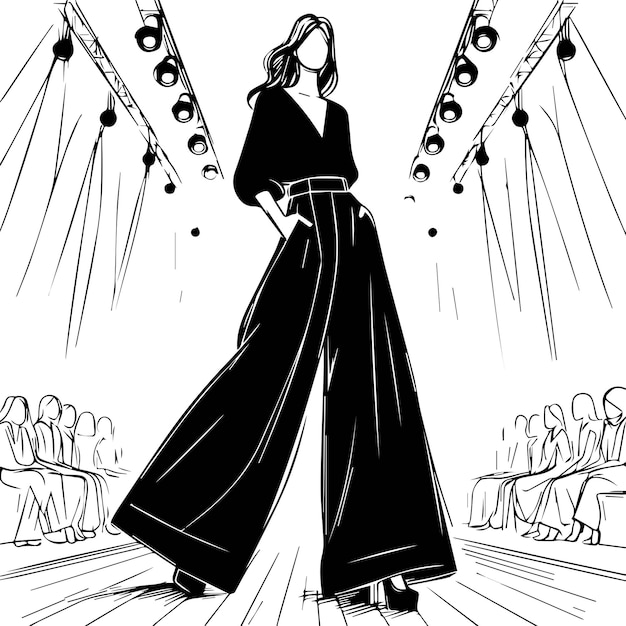 Vector fashion model on podium stylish girl in very wide pants sketch