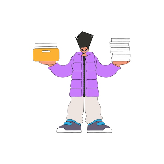 Vector fashionable guy holds stacks of documents in his hands