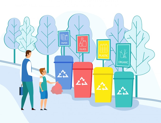 Vector father teaching son to throw garbage to containers