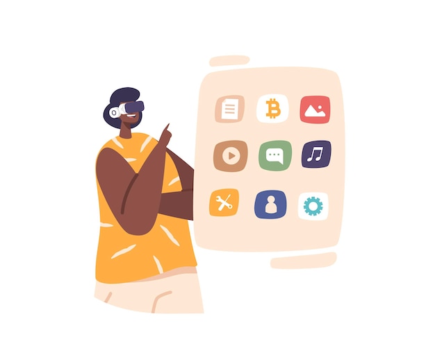 Vector female character engage with content in virtual reality by wearing headset and using motion controllers to navigate and manipulate digital environment creating immersive and interactive experiences