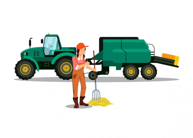 Vector female farmer working with pitchfork character