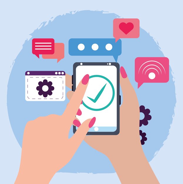 Vector female hand smartphone check mark website communications