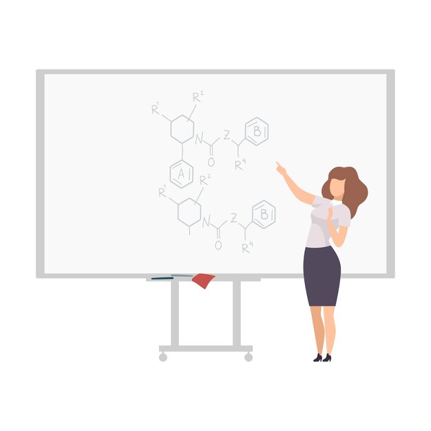 Vector female physics teacher professor giving task explaining seminar lecture while standing in front of whiteboard flat vector illustration