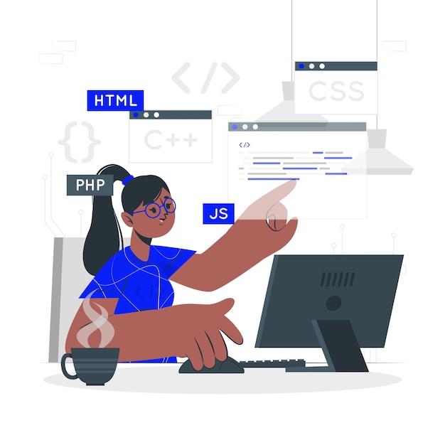 female programmer at computer coding in multiple languages