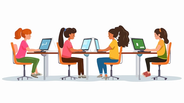 Vector female students using computers in school lab