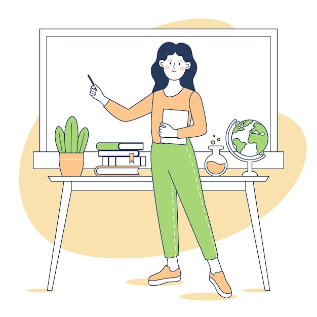 Vector female teacher by the blackboard in a classroom a smiling woman professor is teaching line art