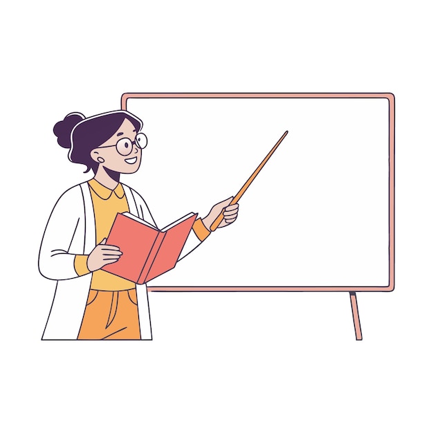 Vector female teacher explaining with book and pointer in front of whiteboard educational vector