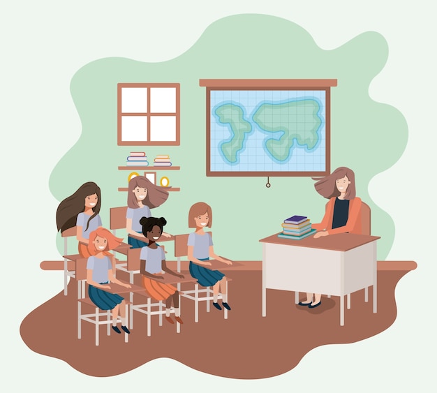 Vector female teacher in the geography class with students vector illustration