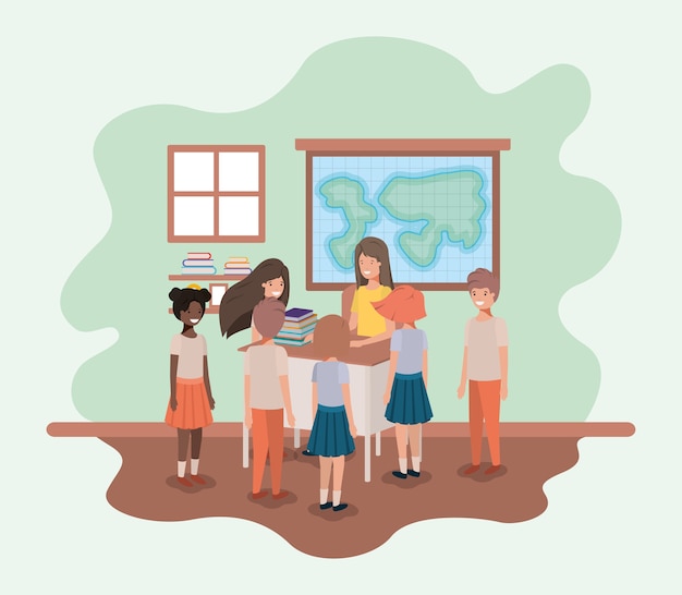 Vector female teacher in the geography class with students