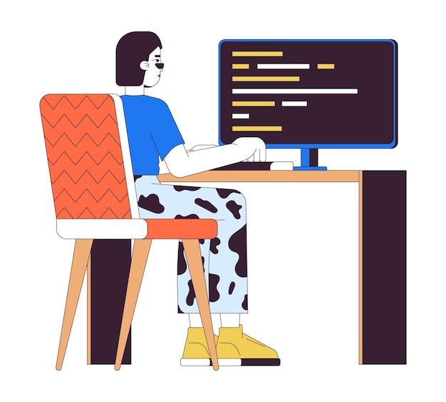 Vector female web developer at work 2d linear cartoon character