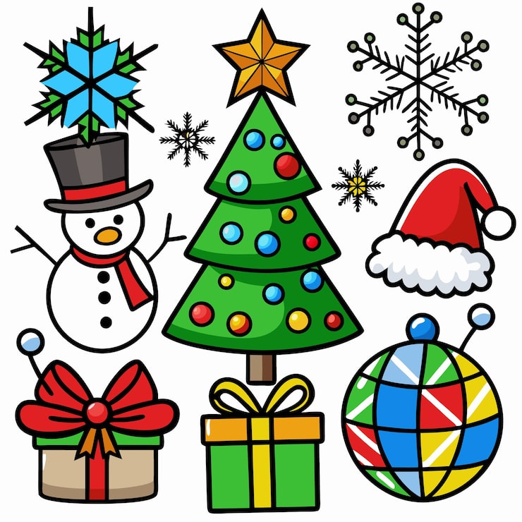 Vector festive winter holiday illustration with snowman christmas tree presents and snowflakes