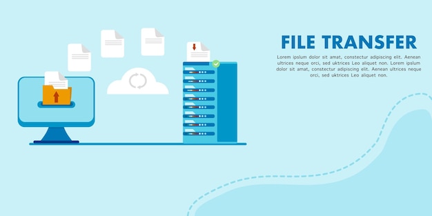 Vector file or data transfer concept, data backup, document storage, technology cloud, file upload concept.