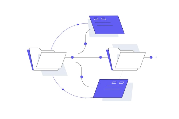 Vector file system hierarchy folders and files flowchart connecting documents to a central system ending