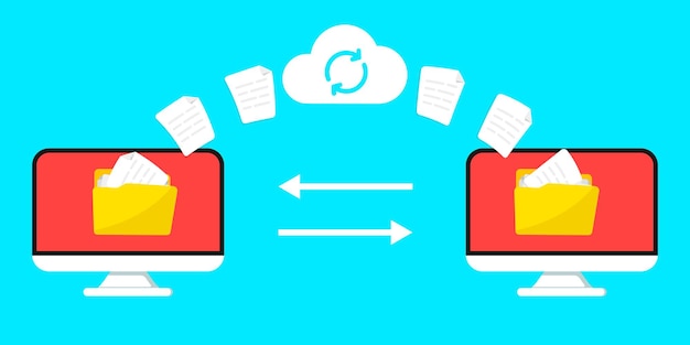 Vector file transfer remote loading files and folders two laptop computer exchanging data