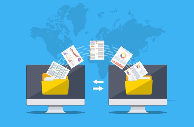 Vector file transfer. two computers with folders on screen and transferred documents. copy files, data exchange, backup, pc migration, file sharing concepts. 