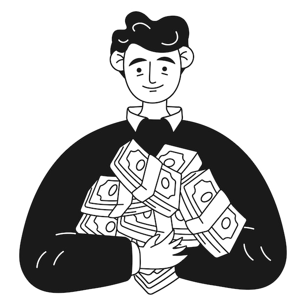 Vector financial character man holding many packs of money