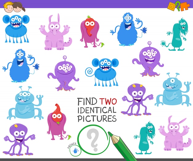 Vector find two identical pictures game with monsters