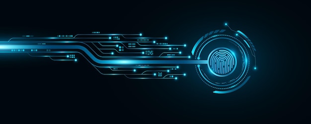 Vector fingerprint scan with futuristic hud circle and glowing computer circuit board biometric data security hitech touch screen button for user interface design vector illustration