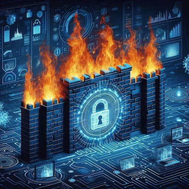 Vector firewall graphic with flames representing cybersecurity