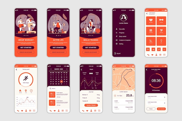 Vector fitness concept screens set for mobile app template ui ux gui user interface kit