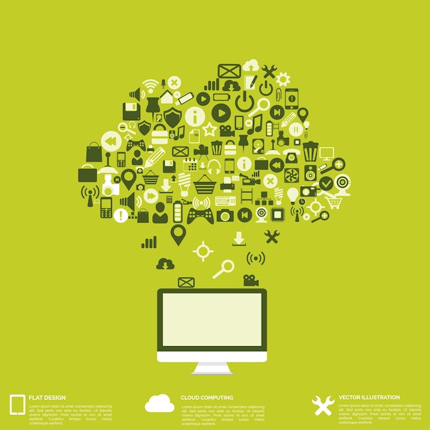 Vector flat abstract background with web icons interface symbols cloud computing mobile devices