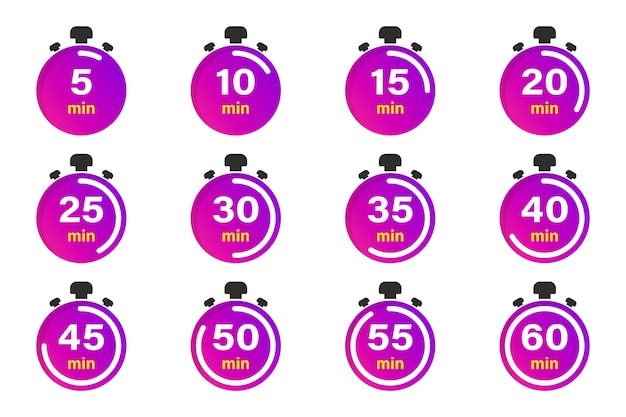 Vector flat collection with stopwatch. timer icon set. clock vector icons. countdown minutes. collection of time, clock, watch, timer. time management. sport clock, vector design element