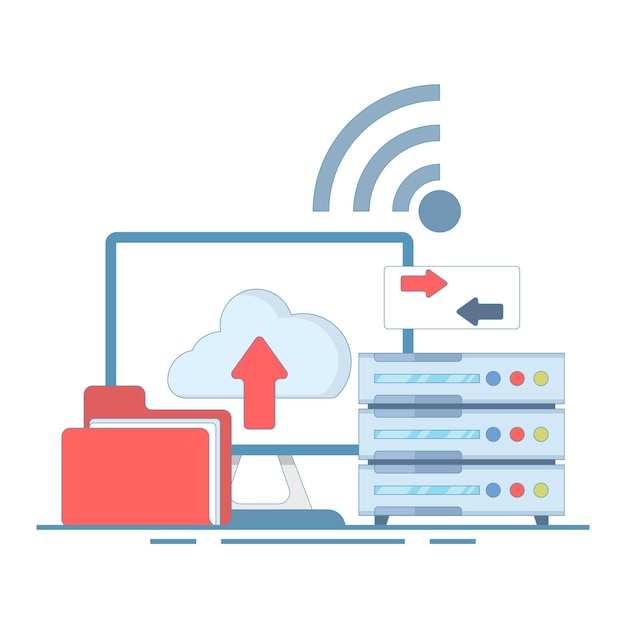 Vector flat design illustration of data server with magnifying glass or big data analysis concept