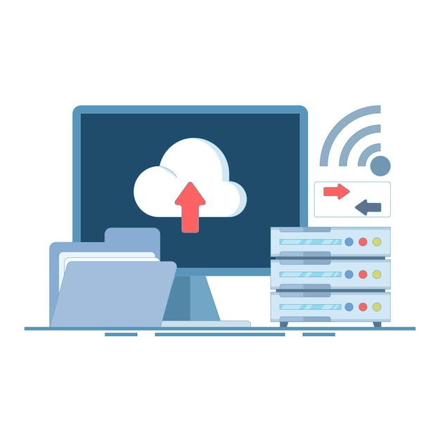 Vector flat design illustration of data server with magnifying glass or big data analysis concept