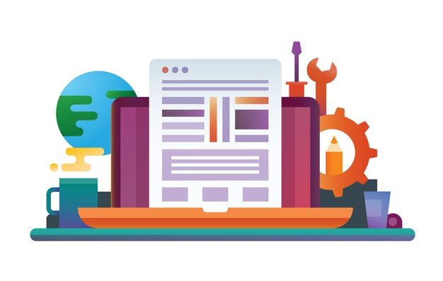 Vector flat design illustration with laptop, web page, work place and tools