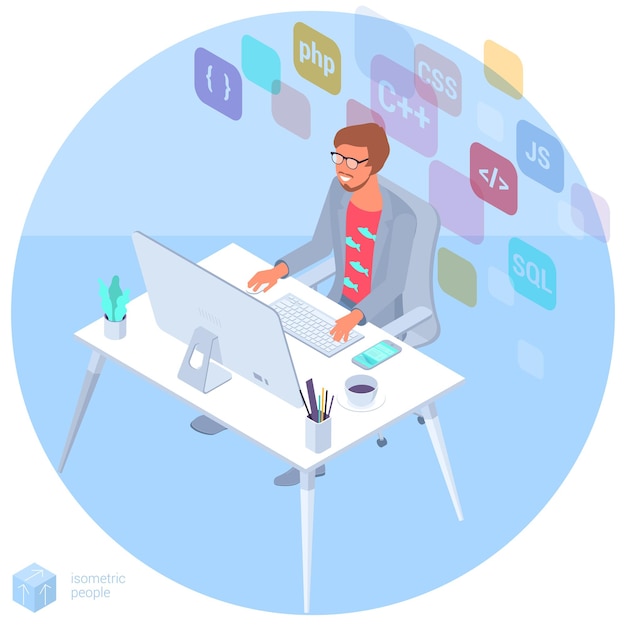 Vector flat design isomentric illustration of programmer at work  concept for  presentation application infographics and web banner