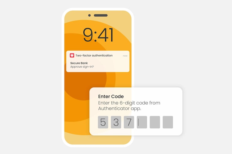 Flat design vector image of a smartphone displaying a 2factor authenticator app with a 6digit code