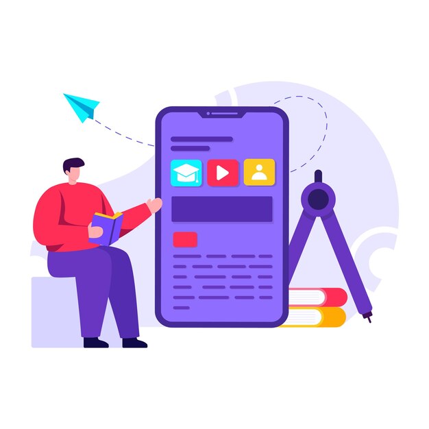 Vector flat illustration denoting video tutorial having books and person