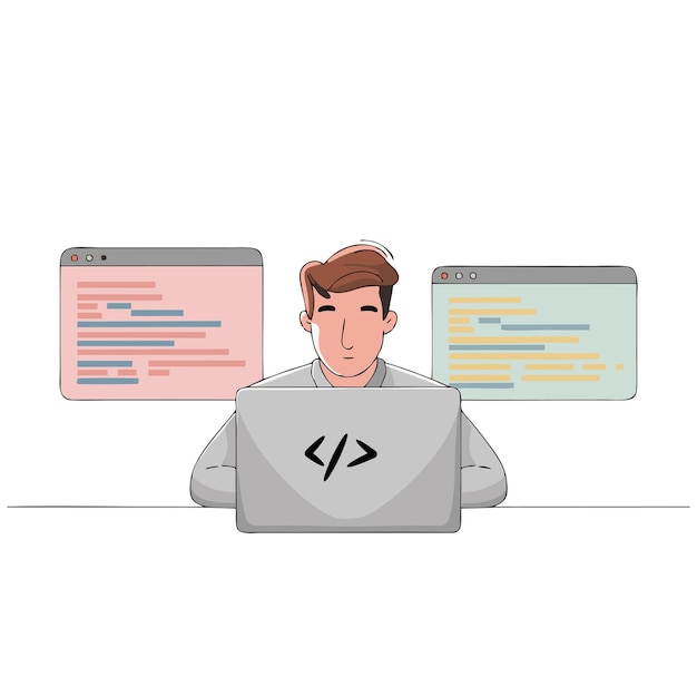 Vector flat illustration of developer man coding in computer technology concept