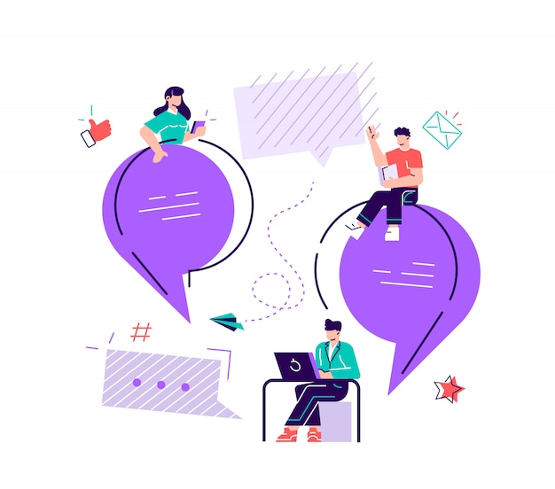 Vector flat illustration, a group of people communicates through the internet social networks, the concept of communication, discussing business, news, acquaintance. flat style modern design vector